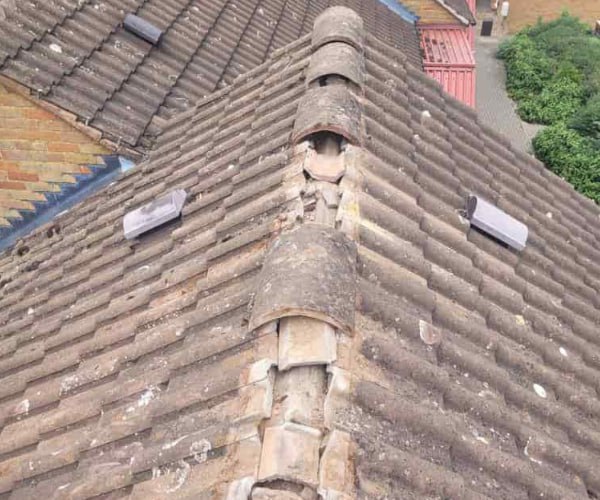 This is a photo if a roof ridge which has missing tiles. The ridge tiles are being replaced by DGH Roofing Armthorpe